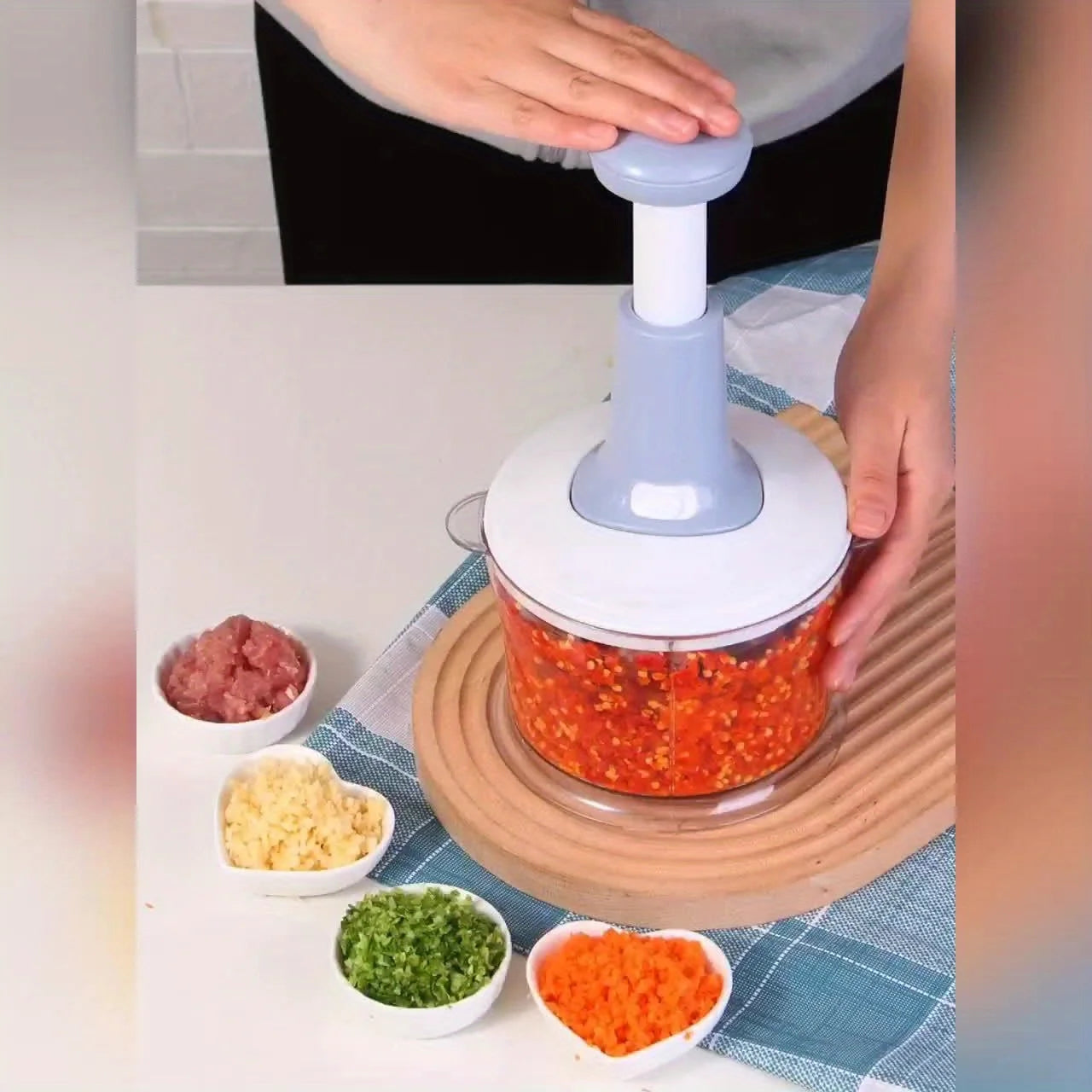 Manual Food Processor Garlic Press - Hand-Powered Meat Grinder Vegetable Chopper and Dicer, Plastic Kitchen Gadget