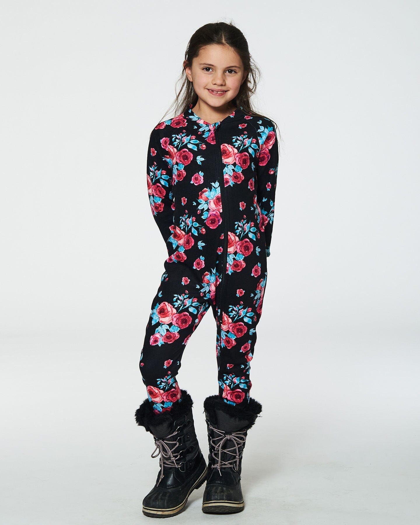 One Piece Thermal Underwear Black Printed Roses-1