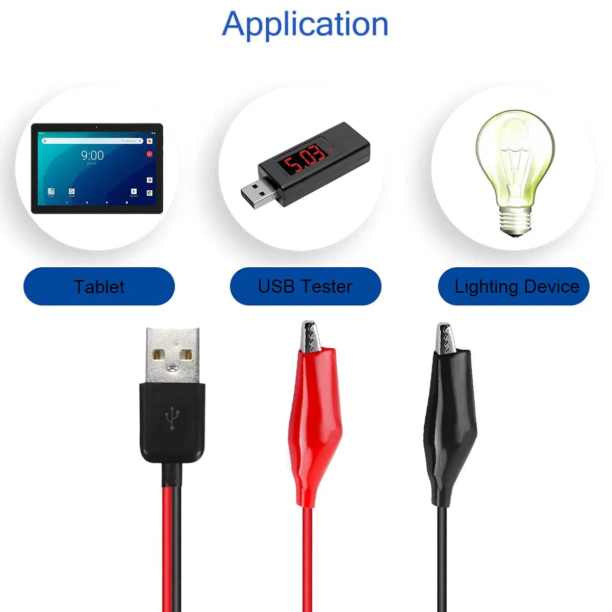 Alligator Clip to USB, Crocodile Clamps to USB Type-A Male Connector Cable Copper Test Leads for Testing Circuit Power Supply