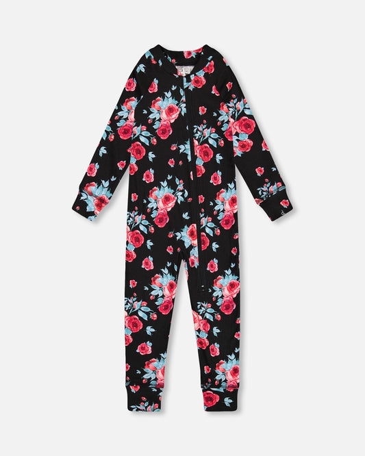 One Piece Thermal Underwear Black Printed Roses-0