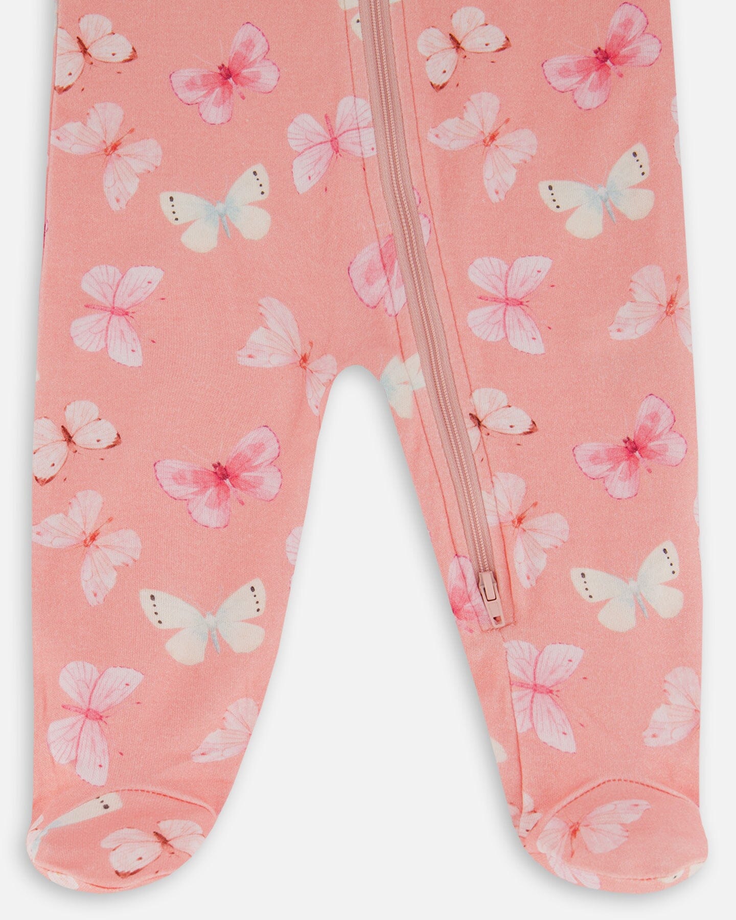 Printed Organic Cotton One-Piece Pajama Pink And Blue Butterflies On Old Pink-2