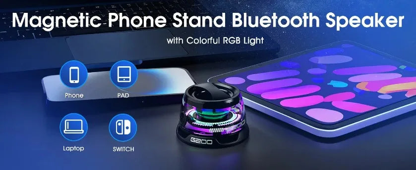 XIKCU Portable Mini Travel Stereo Outdoor Magnetic Bluetooth Speaker Wireless with RGB Color Light and Phone Holder for ios